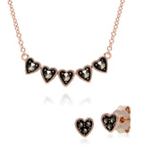 Collier et Boucles d'Oreilles Clou Cœur Argent 925 Plaqué Or Rose Marcassite