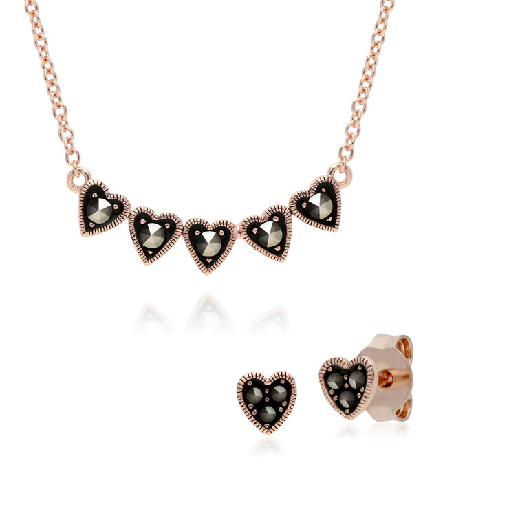 Collier et Boucles d'Oreilles Clou Cœur Argent 925 Plaqué Or Rose Marcassite