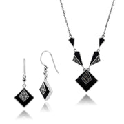 Collier et Boucles d'Oreilles Pendantes Carrée Style Art Déco Argent 925 Onyx Noire Cabochon et Marcassite