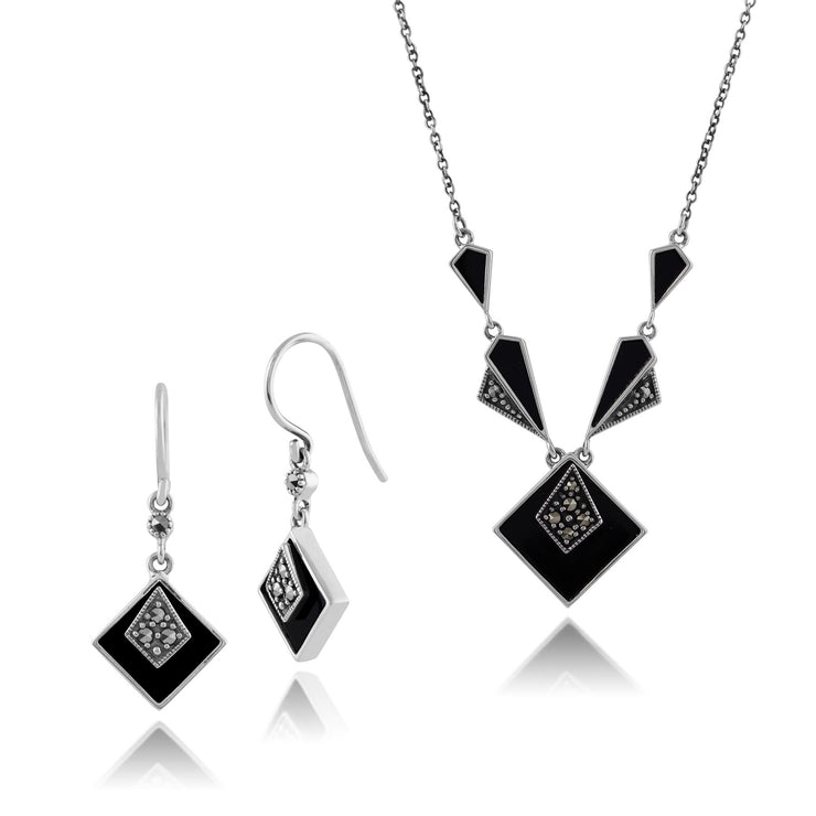 Collier et Boucles d'Oreilles Pendantes Carrée Style Art Déco Argent 925 Onyx Noire Cabochon et Marcassite