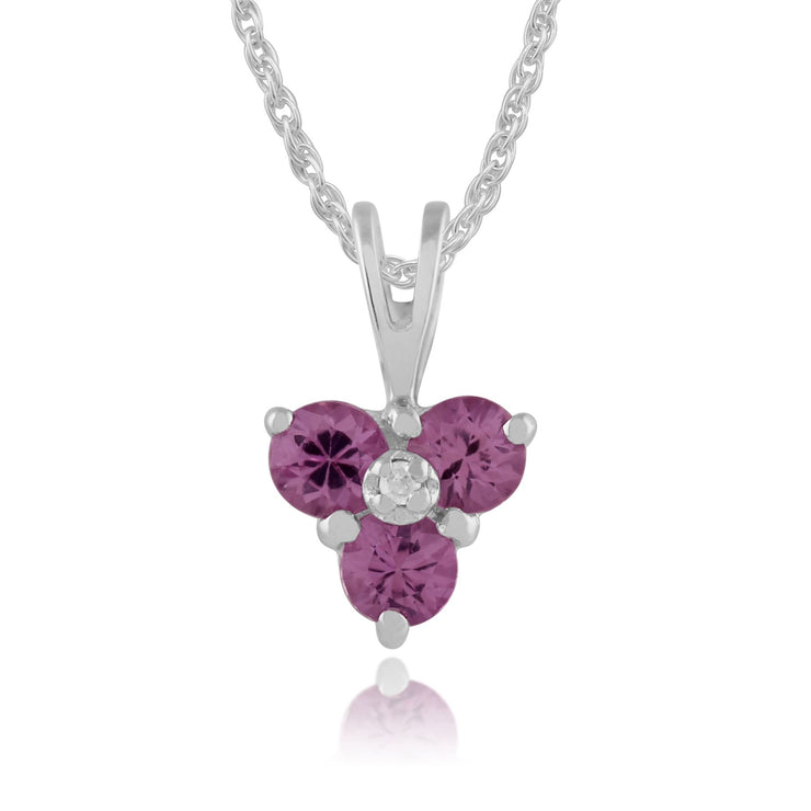 Pendentif et Boucles d'Oreilles Clou Fleur Or Blanc 375 Saphir Rose et Diamand Rond