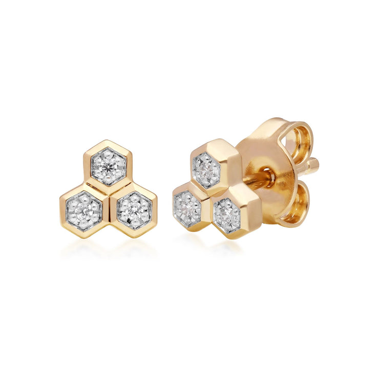 Boucles d'Oreilles Clou Géométrique Trilogie Or Jaune 375 Diamant