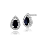 Boucles d'Oreilles Clou Classique Or Blanc 375 Saphir Poire et Diamant Style Cluster