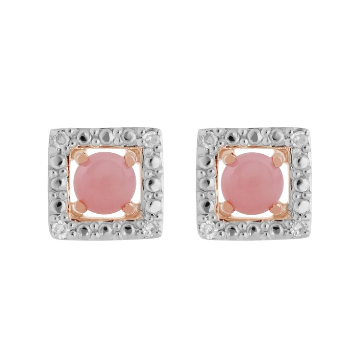 Boucles d'Oreilles Clou Opale Rose Classique Or Rose 375 et Ear-Jacket Carré Diamant