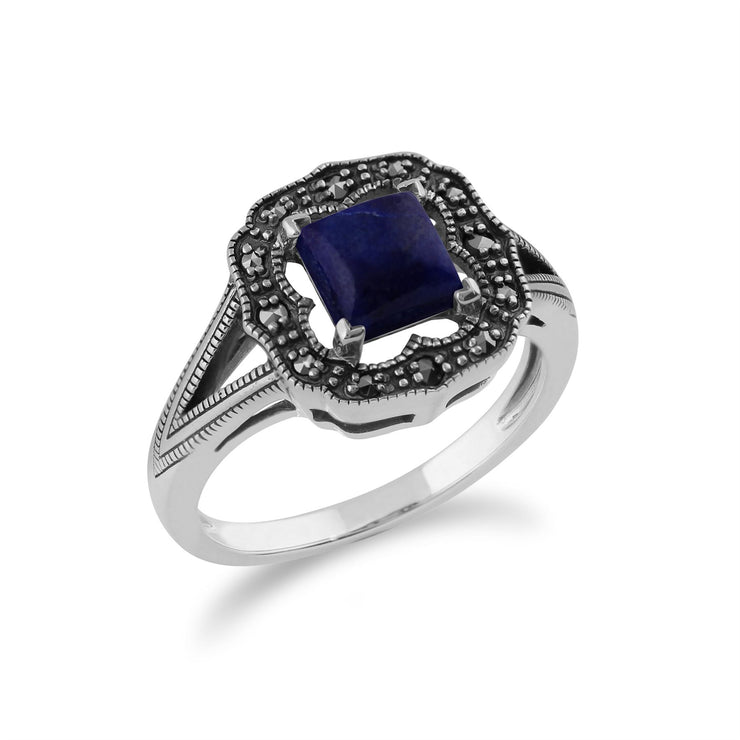 Gemondo Art Déco Bague, 925 Sterling Silver 0.58ct Lapis Lazuli & Marcassite Art Déco Bague