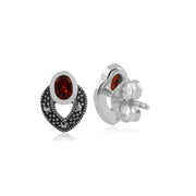 Boucles d'Oreilles Clou Style Srt Déco Argent 925 Grenat Oval et Marcassite