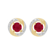 Boucles d'Oreilles Clou Rubis Classique Or Jaune 375 et Ear-Jacket Halo Diamant