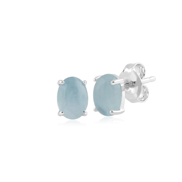 Boucles d'Oreilles Clou et Bracelet Classique Argent 925 Aigue-Marine Opaque Oval