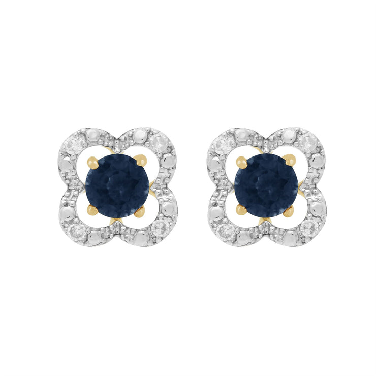 Boucles d'Oreilles Clou Saphir Bleu Classique Or Jaune 375 et Ear-Jacket Fleur Diamant