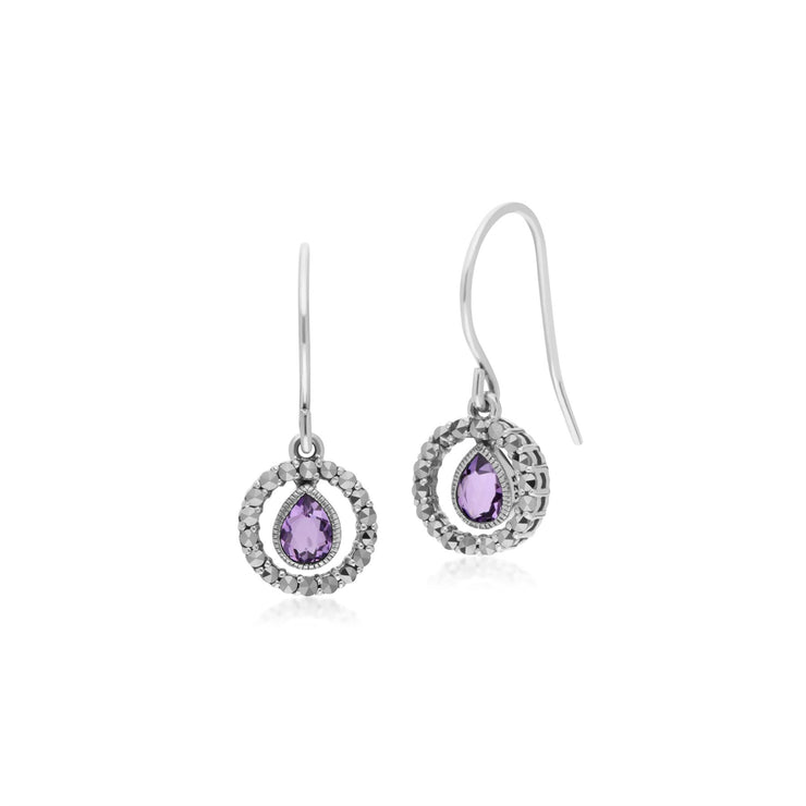 Argent Sterling Gouttes D'Eau Amethyst And Rond Marcassite Boucles D'Oreilles Goutte