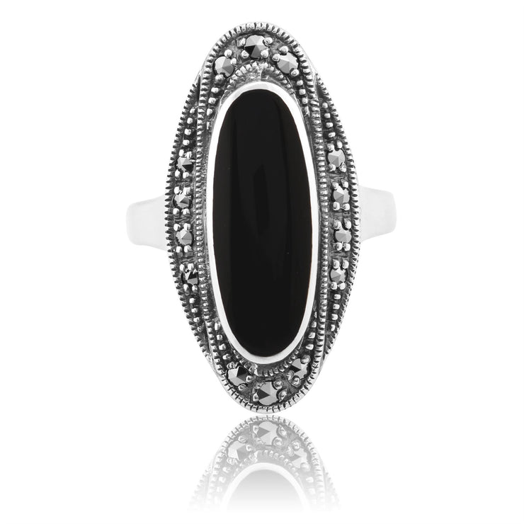 Bague Style Art Déco Argent 925 avec Onyx Noire Cabochon et Marcassite