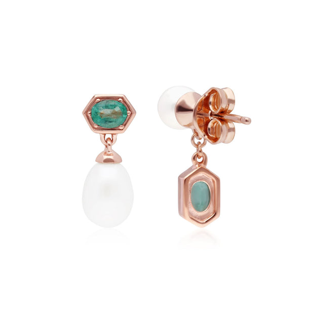 Boucles d'Oreilles Asymétrique Perle Moderne Argent 925 Plaqué Or Rose Perle et Emeraude