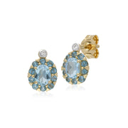 s 9 CT or Jaune Topaze Bleu et Diamant Ovale Grappe Boucles D'Oreilles Clous