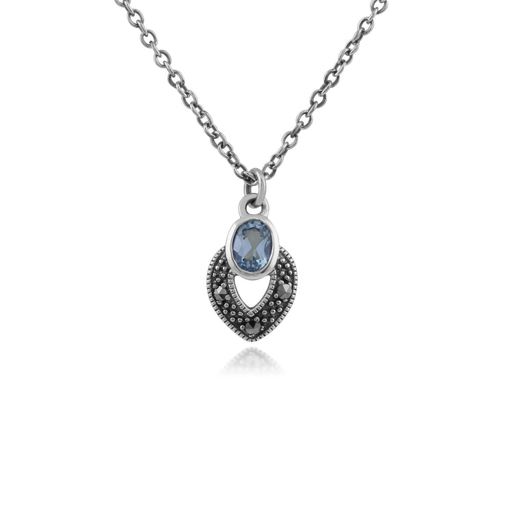 Collier et Boucles d'Oreilles Clou Style Art Déco Argent 925 Topaze Bleue et Marcassite