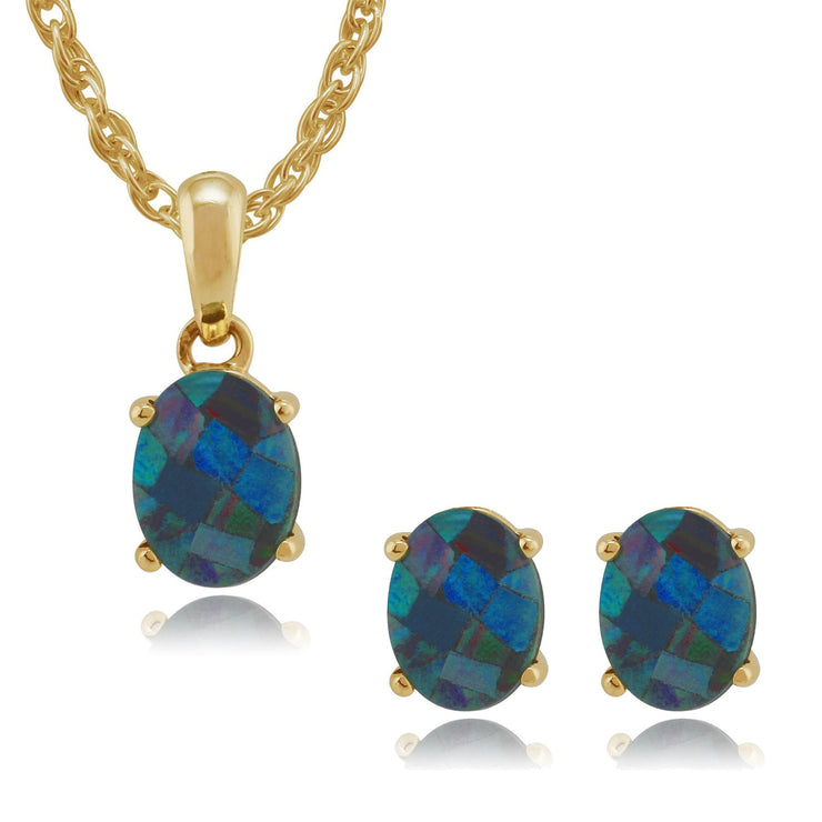 Pendentif et Boucles d'Oreilles Clou Classique Or Jaune 375 Opale Triplet Ovale