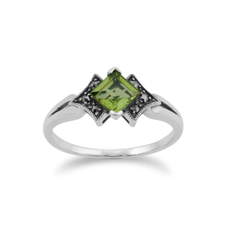 Bague Style Art Déco Argent 925 avec Péridot Carrée et Marcassite