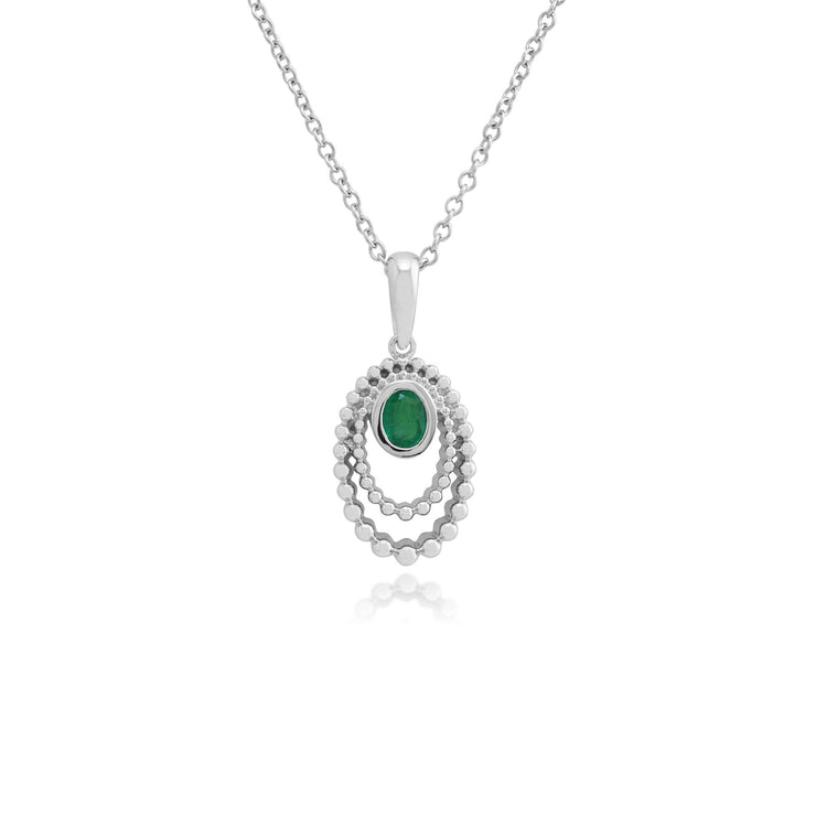 Pendentif et Bague Classique Argent 925 Emeraude Ronde Halo Oval serti Clos