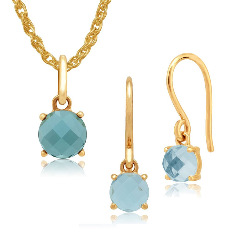 Pendentif et Boucles d'oreilles Pendantes Rondes Classique Or Jaune 375 Topaze Bleue à Damier