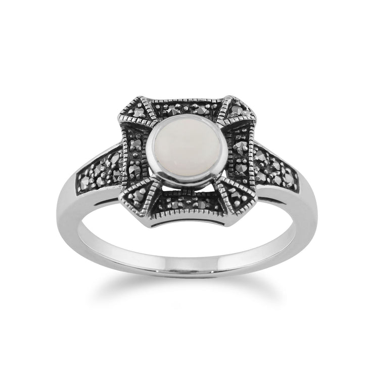 Gemondo Art Déco Bague, 925 Sterling Silver 0.31ct Opale & Marcassite Art Déco Bague