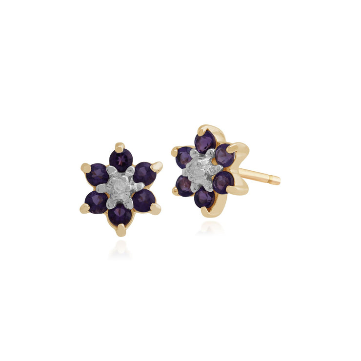 Pendentif et Boucles d'Oreilles Clou Floral Or Jaune 375 Améthyste et Diamant Cluster