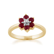 Floral Round Ruby & Diamond Cluster Ring in 9ct Yellow Gold