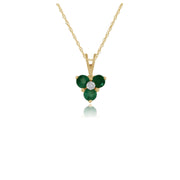 Pendentif et Boucles d'Oreilles Clou Floral Or Jaune 375 Emeraude et Diamant Rond
