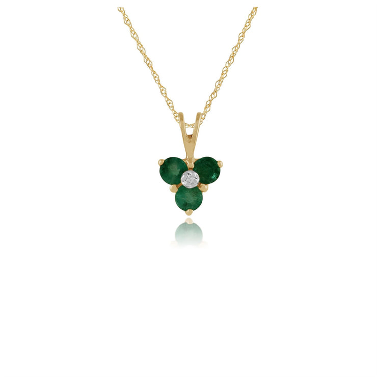 Pendentif et Boucles d'Oreilles Clou Floral Or Jaune 375 Emeraude et Diamant Rond
