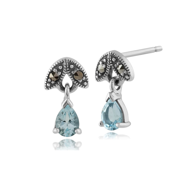 Boucles d'Oreilles Pendantes Style Art Nouveau Argent 925 Aigue-Marine Poire et Marcassite