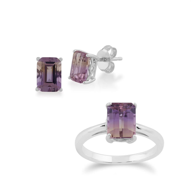 Bague et Boucles d'Oreilles Clou Classique Argent 925 Amétrine Baguette sertie Griffes