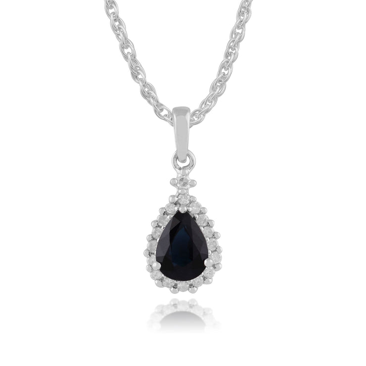Boucles d'Oreilles Clou et Pendentif Classique Or Jaune 375 Saphir Poire et Diamant Halo