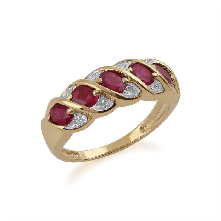 JAUNE 9 Ct Or 1.10ct CT NATUREL RUBIS & diamant bague cinq pierres