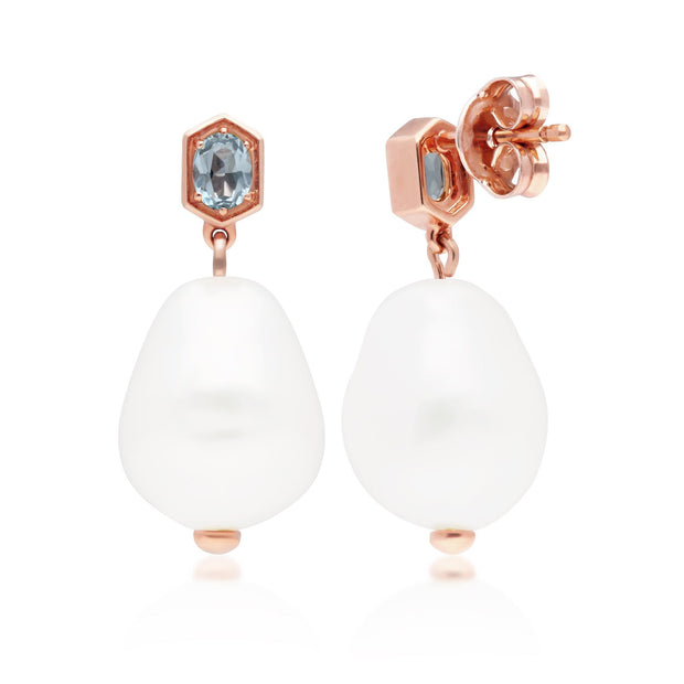 Boucles d'Oreilles  Pendantes Perle Moderne Argent 925 Doré à l'Or Fin Rose Perle Baroque et Topaze Bleue