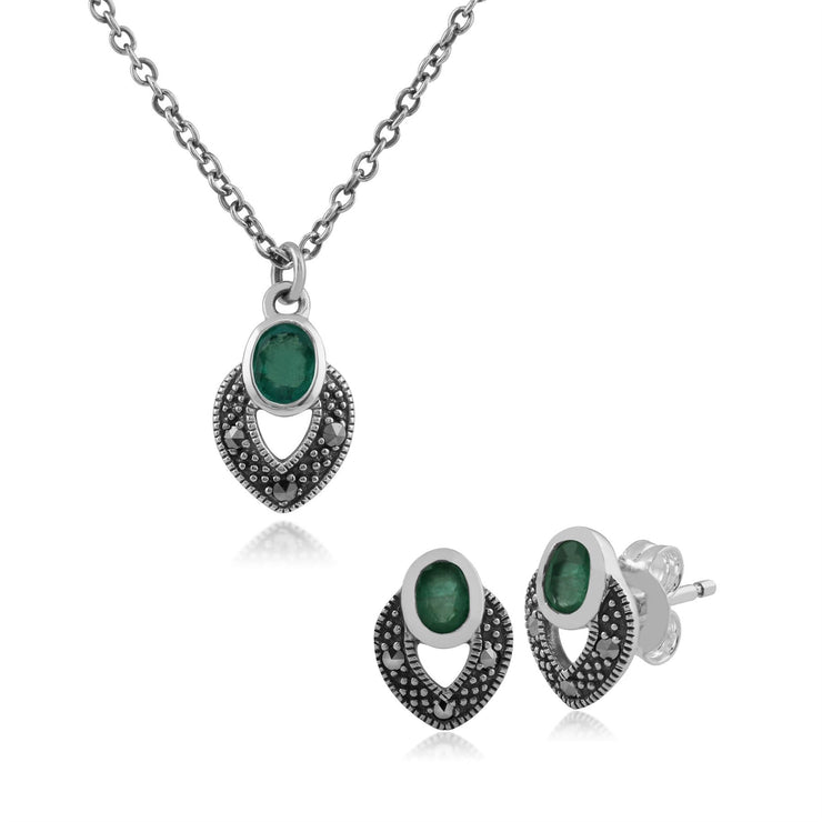 Collier et Boucles d'Oreilles Clou Style Art Déco Argent 925 Emeraude Oval et Marcassite