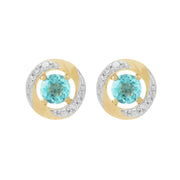 Boucles d'Oreilles Clou Apatite Classique Or Jaune 375 et Ear-Jacket Halo Diamant