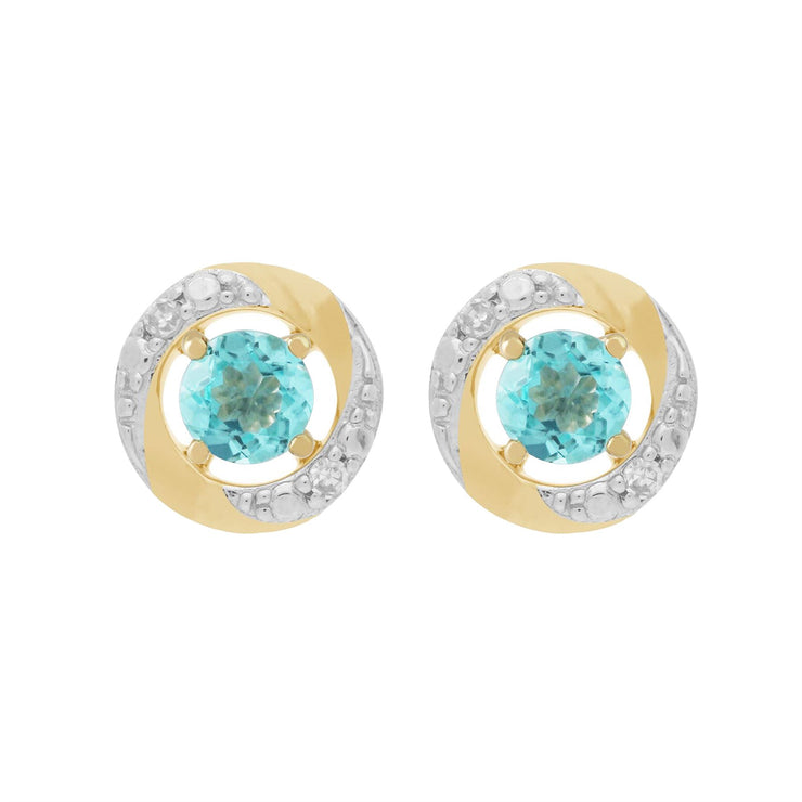Boucles d'Oreilles Clou Apatite Classique Or Jaune 375 et Ear-Jacket Halo Diamant