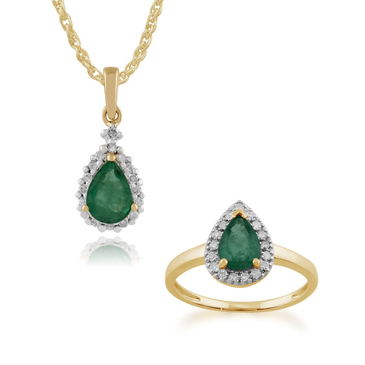 Bague et Pendentif Classique Or Jaune 375 Emeraude Poire et Diamant Halo