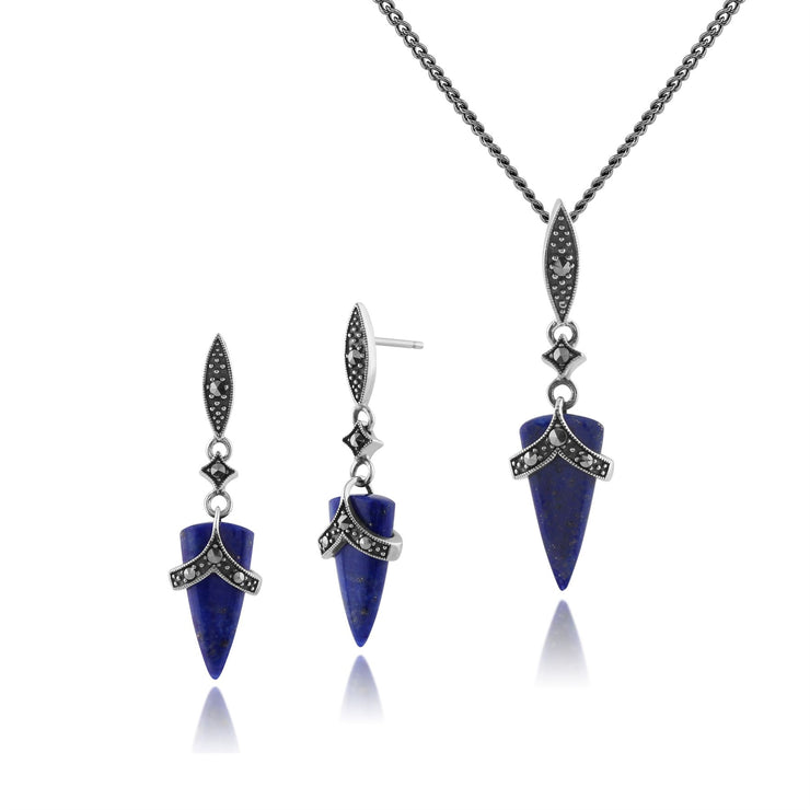Pendentif et Boucles d'Oreilles Pendantes Style Art Déco Argent 925 Lapis Lazuli et Marcassite