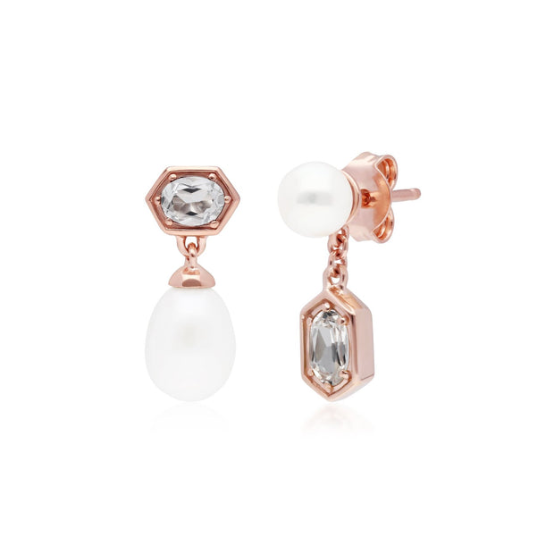 Boucles d'Oreilles Asymétrique Perle Moderne Argent 925 Doré à l'Or Fin Rose Perle et Topaze Blanche