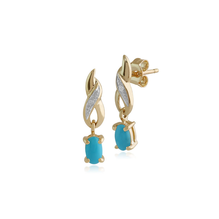 Boucles d'Oreilles Pendantes Torsadées Classique Or Jaune 375 Turquoise Ovale et Diamant
