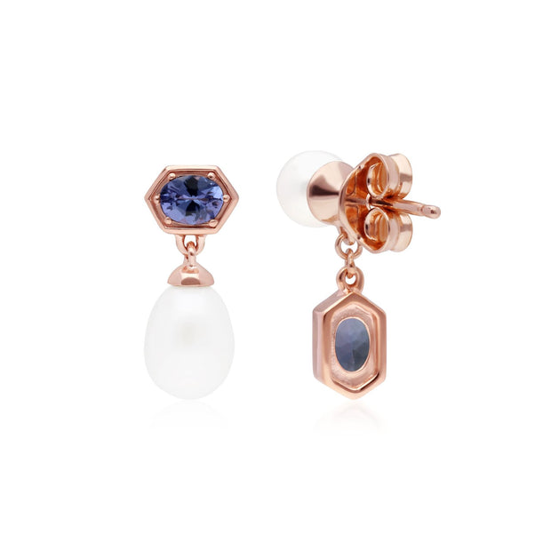 Boucles d'Oreilles Asymétrique Perle Moderne Argent 925 Doré à l'Or Fin Rose Perle et Tanzanite