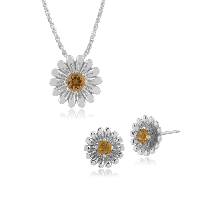 Boucles d'Oreilles Clou et Pendentif Marguerite Style Floral Argent 925 Citrine Ronde