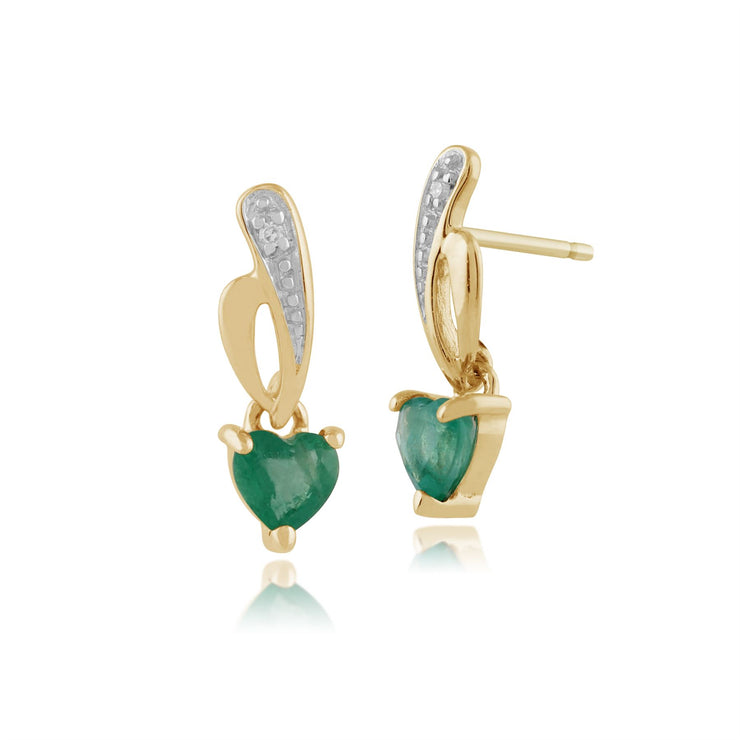 Boucles d'Oreilles Pendantes Style Art Nouveau Or Jaune 375 Emeraude Cœur et Diamant