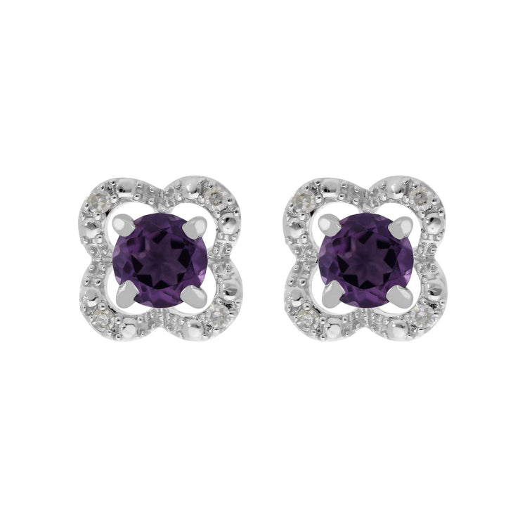 Boucles d'Oreilles Clou Améthyste Classique Or Blanc 375 et Ear-Jacket Fleur Diamant