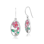 Collier et Boucles d'Oreilles Pendantes Style Rennie Mackintosh Argent 925 Rose de Glasgow Oval Email