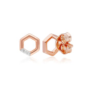 Boucles d'Oreilles Clou Hexagone Pavé Diamant Or Rose 375
