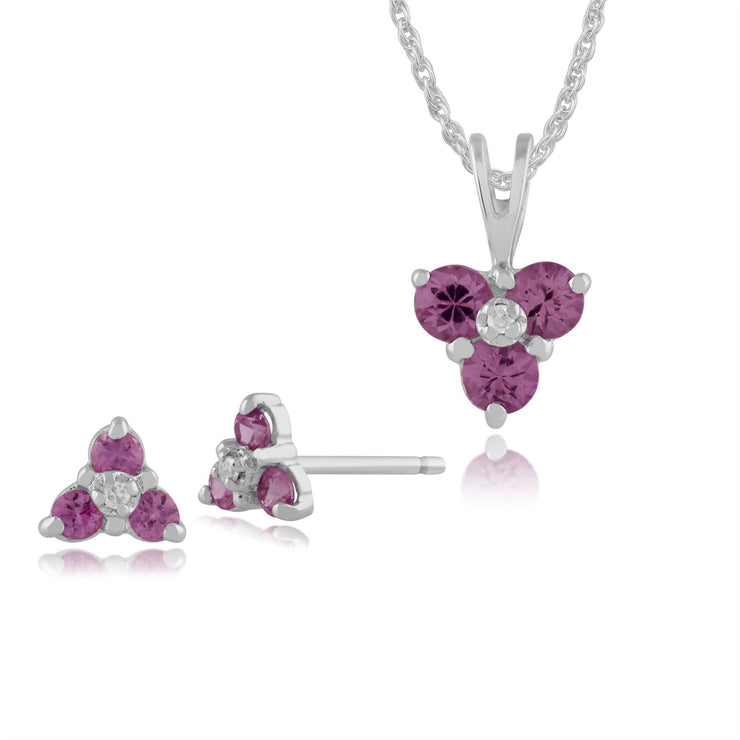 Pendentif et Boucles d'Oreilles Clou Fleur Or Blanc 375 Saphir Rose et Diamand Rond