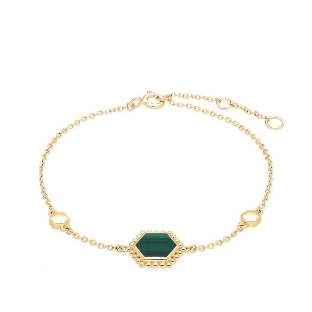 Bracelet Flat Slice Hexagone Argent 925 Plaqué Or Malachite