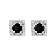 Boucles d'Oreilles Clou Onyx Noir Classique Or Blanc 375 et Ear-Jacket Carré Diamant