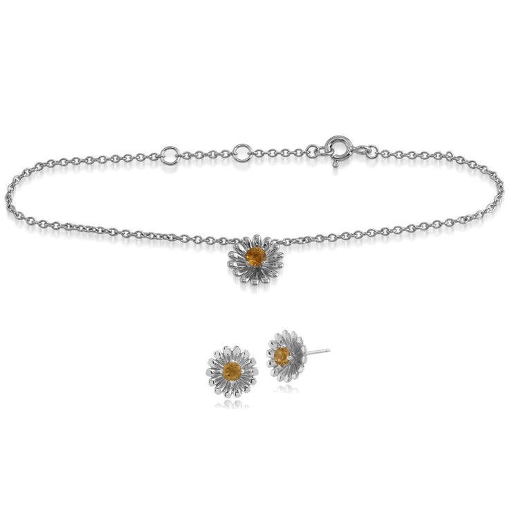 Bracelet et Boucles d'Oreilles Clou Marguerite Style Floral Argent 925 Citrine Ronde