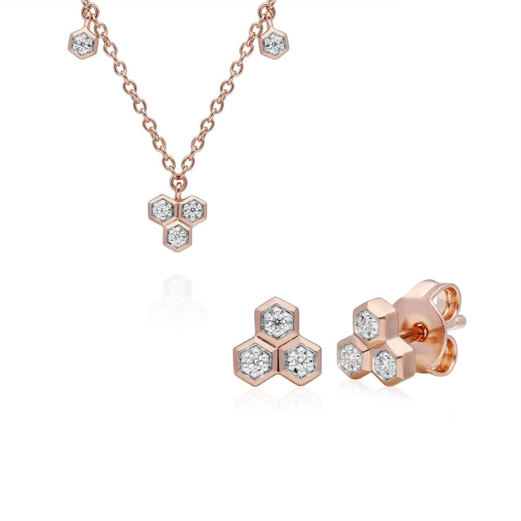 Collier et Boucles d'Oreilles Clou Trilogie Diamant Or Rose 375 Diamant